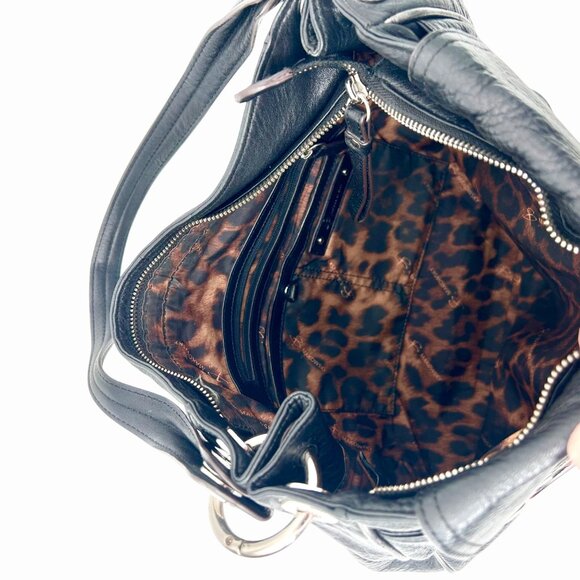 B MAKOWSKY BLACK LEATHER PURSE BAG w/ SILVER HARDWARE LEOPARD PRINT INTERIOR - Picture 10 of 10